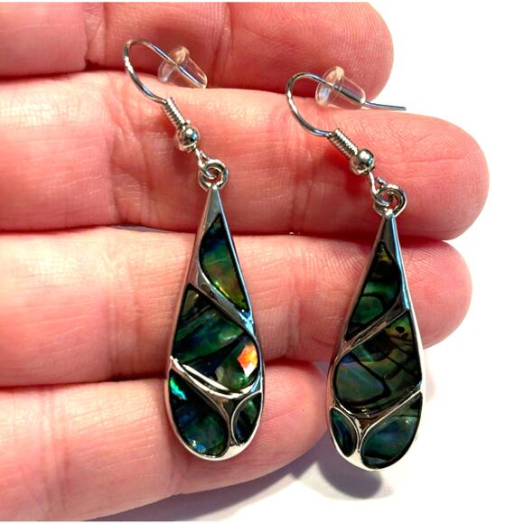 Pierced earrings drop & dangle long teardrops silver & abalone enamel finish - Picture 5 of 6